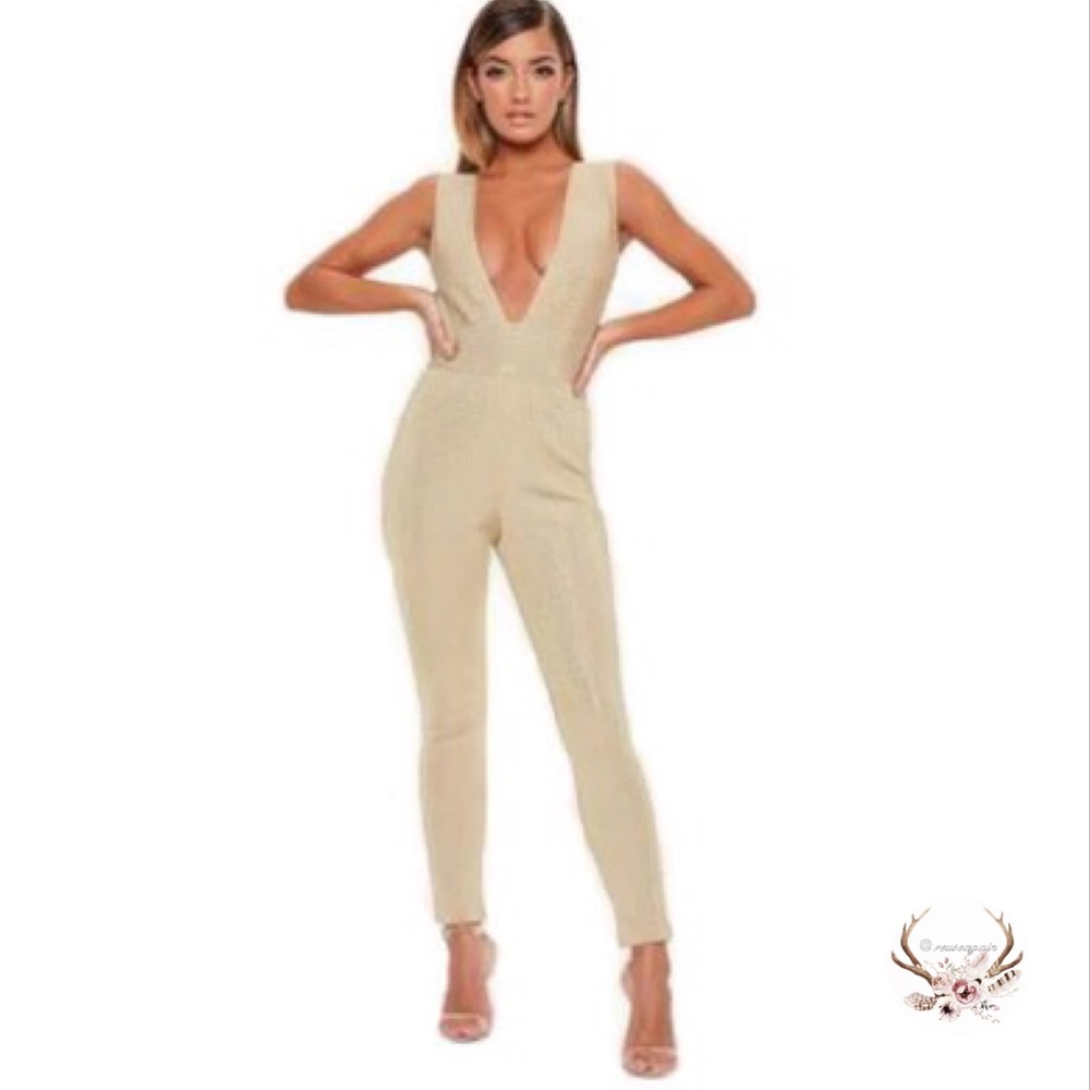 Missguided Champagne Nude V Neck Bodycon Jumpsuit - Picture 5 of 7